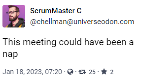 "This meeting could have been a nap." 2023 vibe so far. Screenshot of @chellman@universeodon's post. 18 Jan 2023.